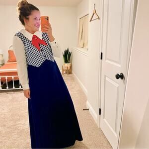 Vintage Blue Plaid White Collared Maxi Dress Medium